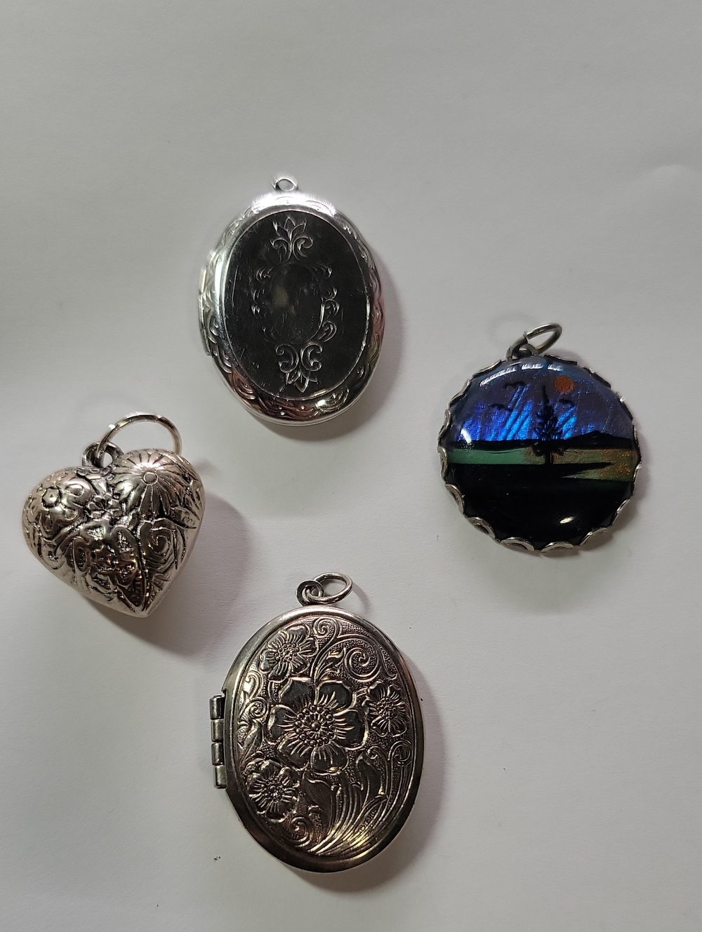 Vintage Silver Tone Floral & Heart Locket Lot with Iridescent Scenic Pendant Lot